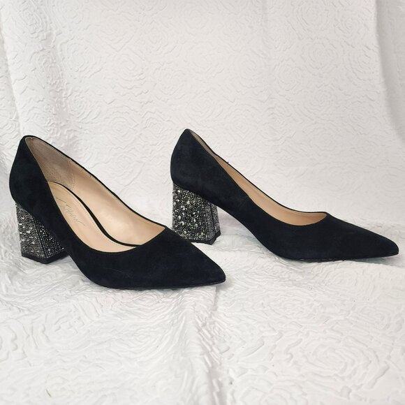 Betsy Johnson Women's Black Suede silver rhinestone chunky heel pump size 6.5 - Picture 3 of 8